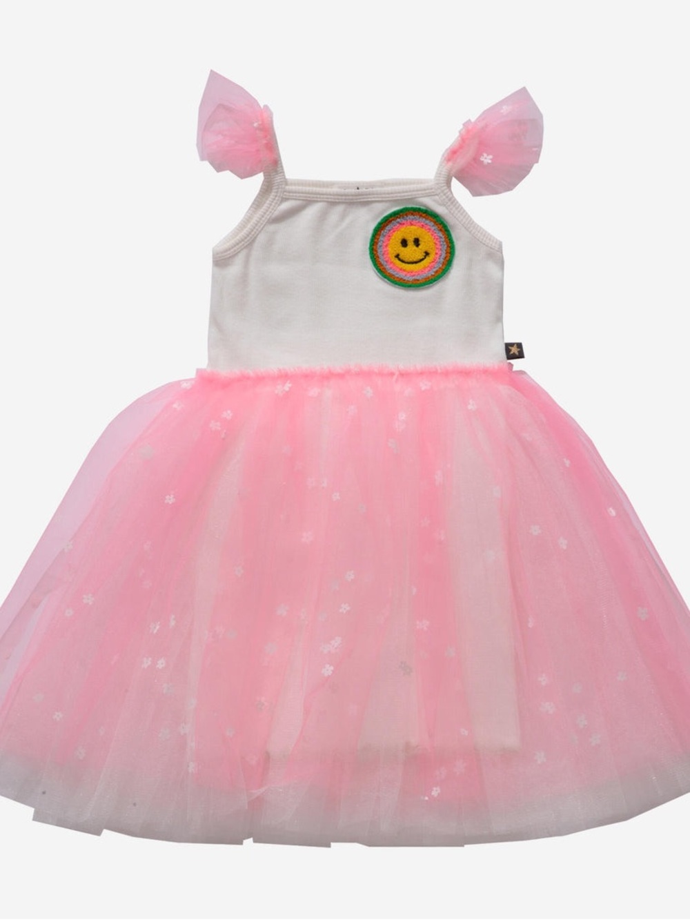 Girls Pink Tulle Dress with Smiley Patch - Casual Party Dress
